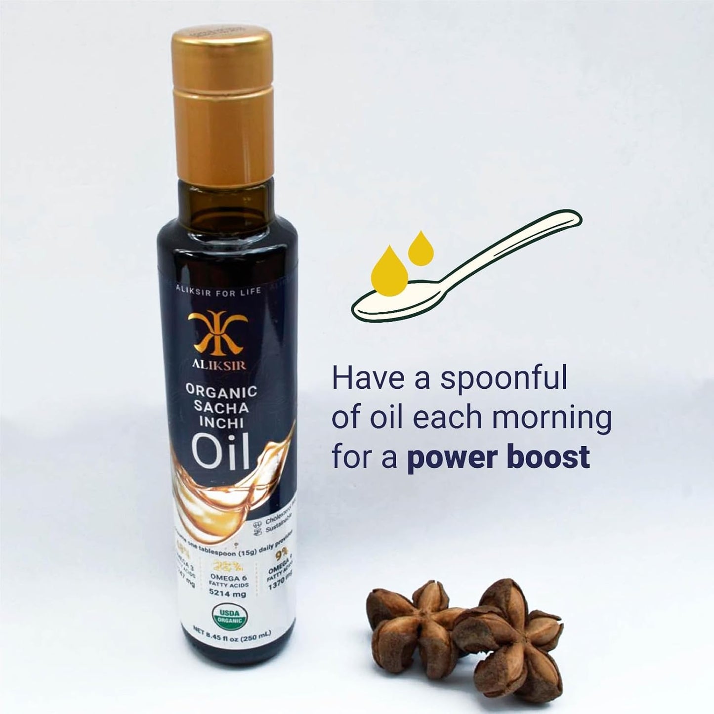 ALIKSIR Organic Sacha Inchi Oil - Extra Virgin, High Omega Fatty Acids, Cold Pressed with Vitamin E for Hair, Nails, and Skin