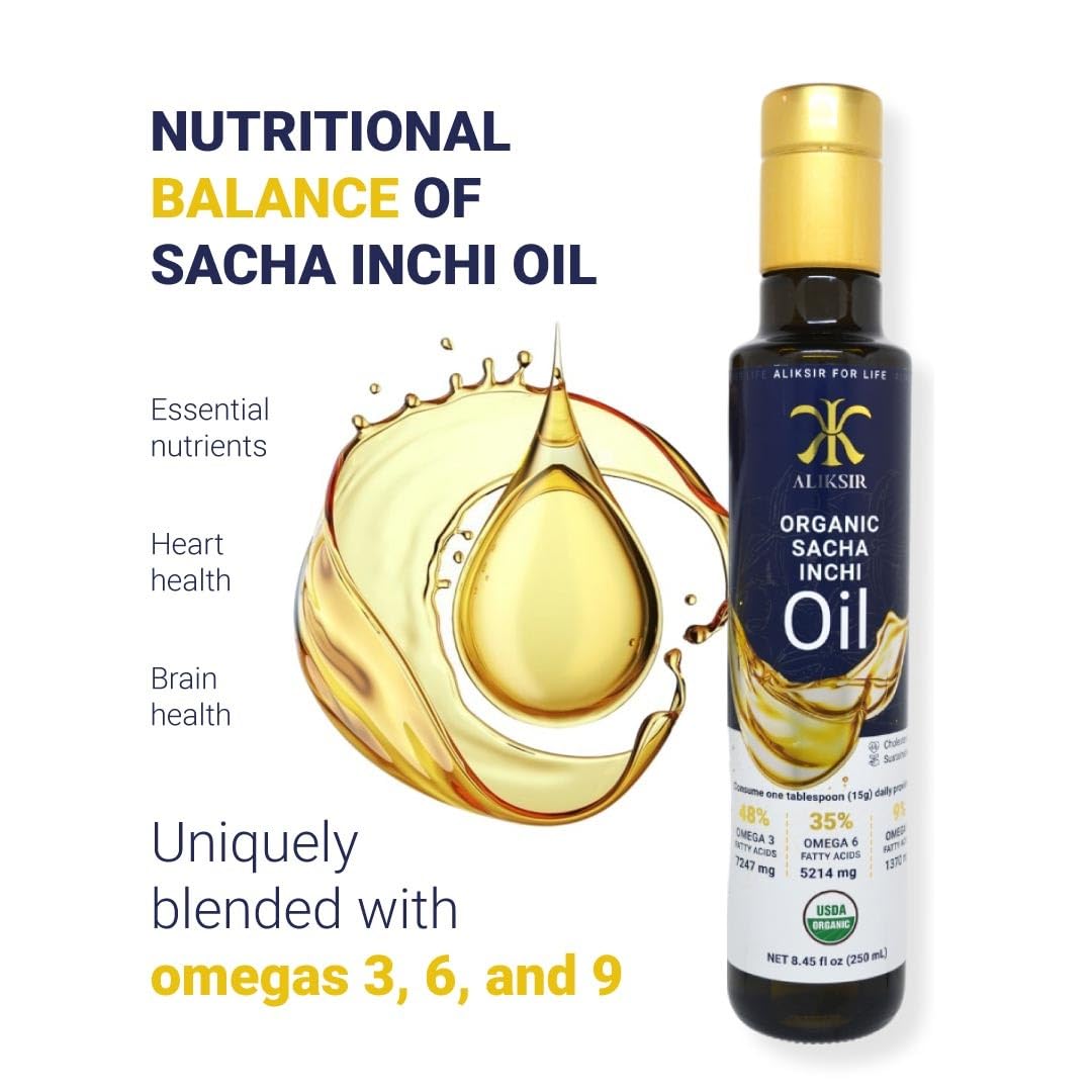 ALIKSIR Organic Sacha Inchi Oil - Extra Virgin, High Omega Fatty Acids, Cold Pressed with Vitamin E for Hair, Nails, and Skin