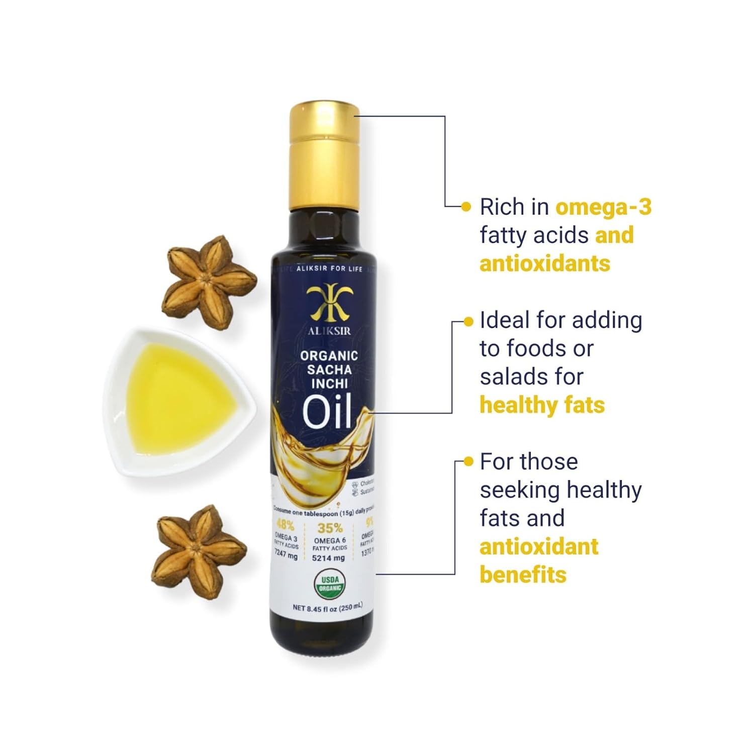 ALIKSIR Organic Sacha Inchi Oil - Extra Virgin, High Omega Fatty Acids, Cold Pressed with Vitamin E for Hair, Nails, and Skin