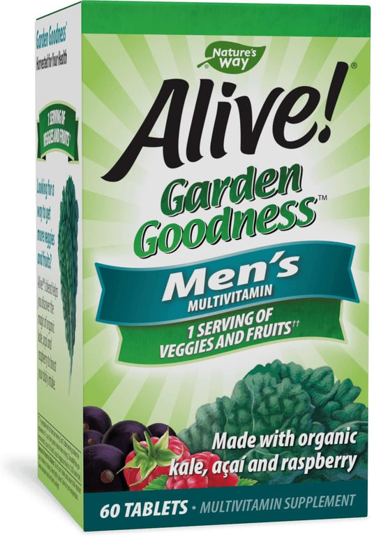 Alive! Garden Goodness Men's Multivitamin with High Potency B-Vitamins, 60 Tablets - Includes One Serving of Veggies and Fruits