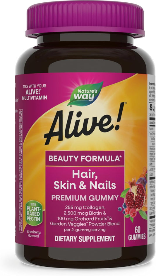 Alive! Hair, Skin & Nails Gummies with Collagen, Biotin, Vitamins C & E - Strawberry Flavored, 60 Count