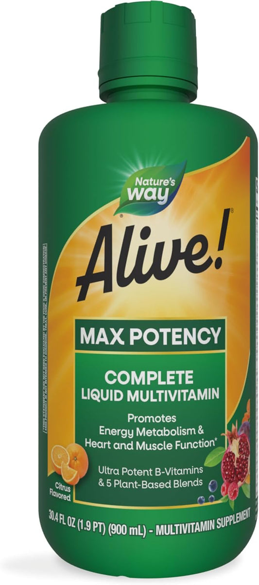 Alive! Max Potency Liquid Multivitamin for Women and Men - Citrus Flavored - Antioxidants, Vitamins C & E - 30.4 Fl Oz