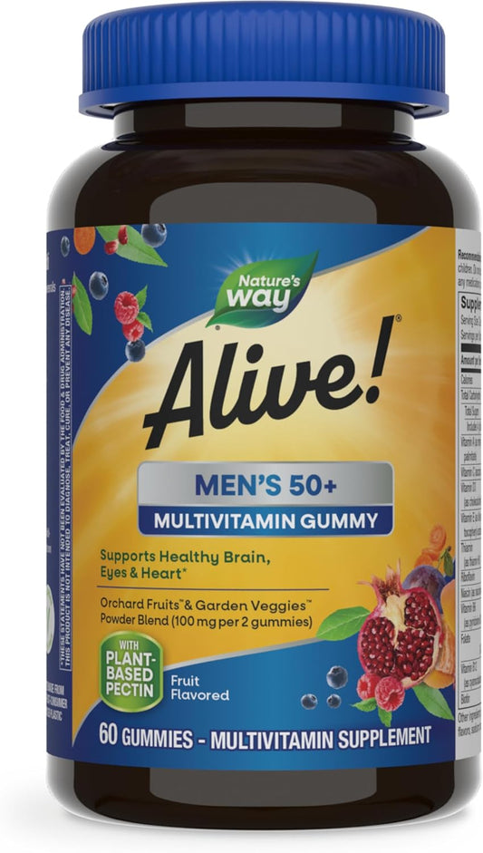 Alive! Men’s 50+ Gummy Multivitamins - Supports Brain, Eyes, Heart - B-Vitamins - Gluten-Free - Vegetarian - Fruit Flavored - 60 Gummies