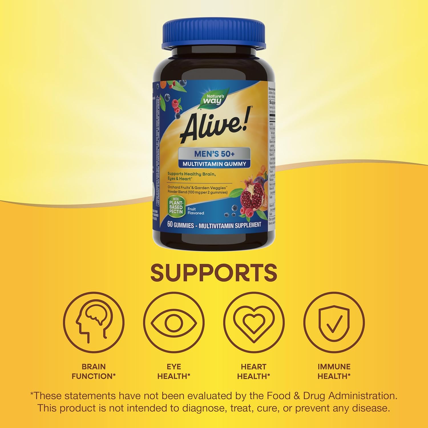 Alive! Men’s 50+ Gummy Multivitamins - Supports Brain, Eyes, Heart - B-Vitamins - Gluten-Free - Vegetarian - Fruit Flavored - 60 Gummies