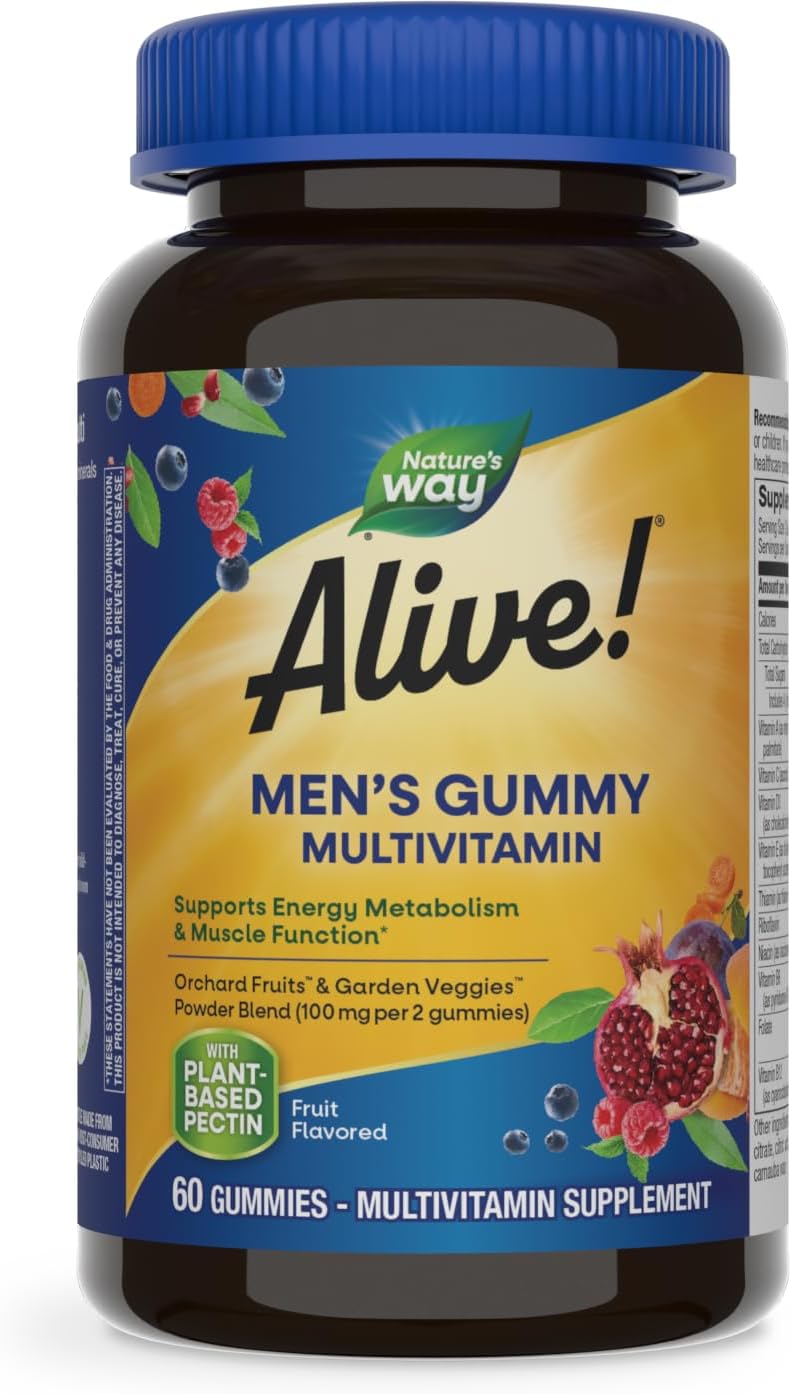 Alive! Men's Daily Gummy Multivitamin - Energy & Muscle Support - B-Vitamins, Superfood Antioxidants - 60 Gummies