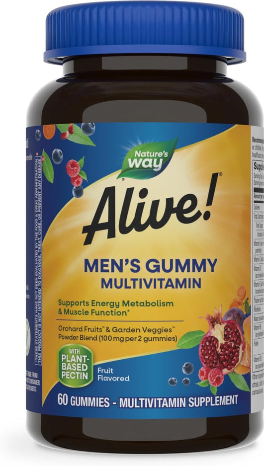 Alive! Men's Daily Gummy Multivitamin - Energy & Muscle Support - B-Vitamins, Superfood Antioxidants - 60 Gummies