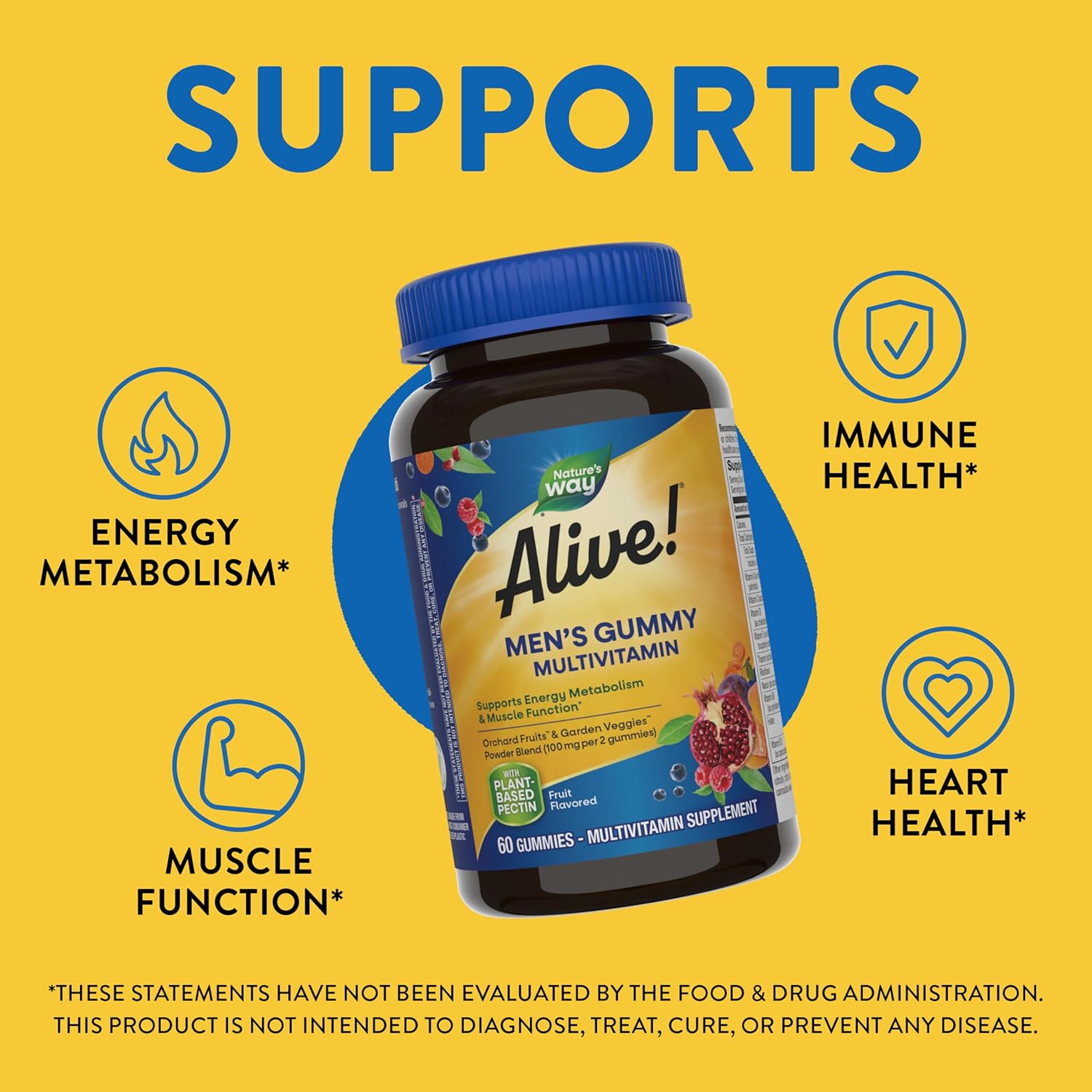 Alive! Men's Daily Gummy Multivitamin - Energy & Muscle Support - B-Vitamins, Superfood Antioxidants - 60 Gummies