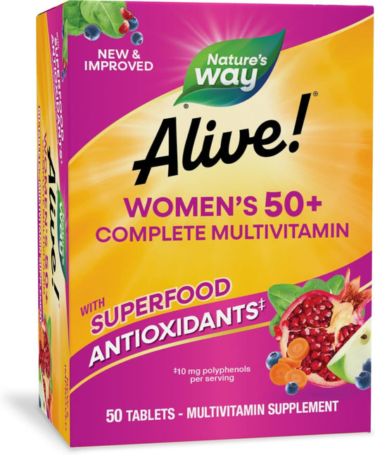 Alive Women's 50+ Multivitamin with Superfood Antioxidants and B-Vitamins for Heart, Brain, and Bone Health - 50 Tablets