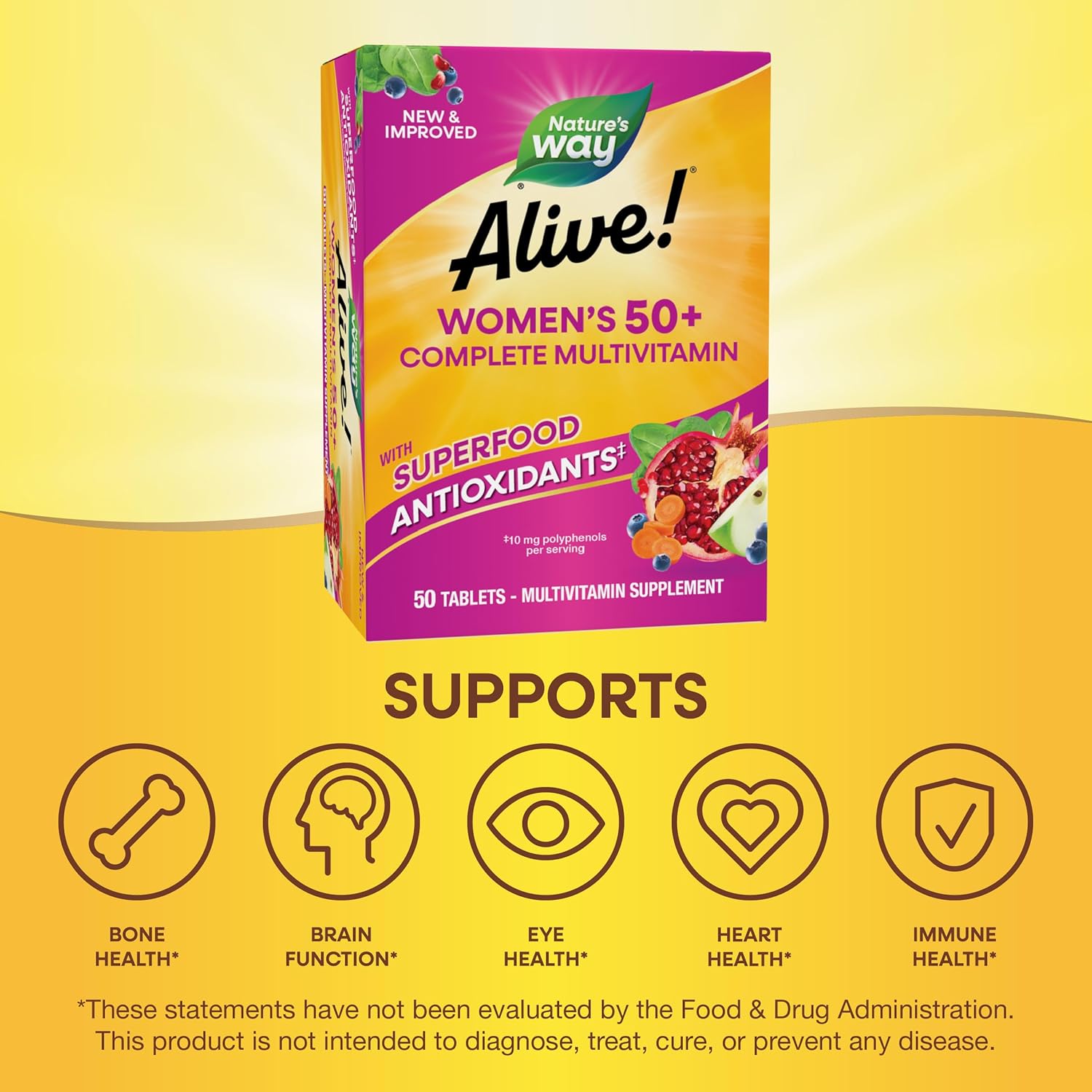 Alive Women's 50+ Multivitamin with Superfood Antioxidants and B-Vitamins for Heart, Brain, and Bone Health - 50 Tablets