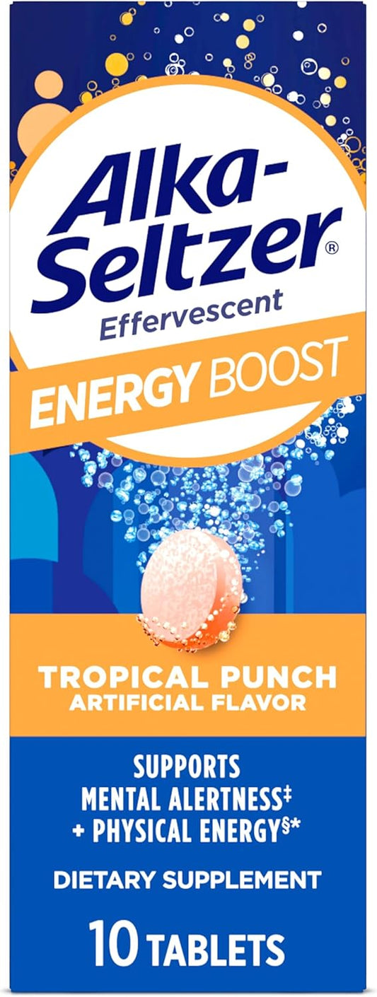 Alka-Seltzer Energy Boost Fizzy Tablets: Caffeine, Guarana, B Vitamins, Sugar-Free, Daily Energy Supplement for Mental Alertness and Physical Energy, Light Tropical Punch Flavor - 10ct