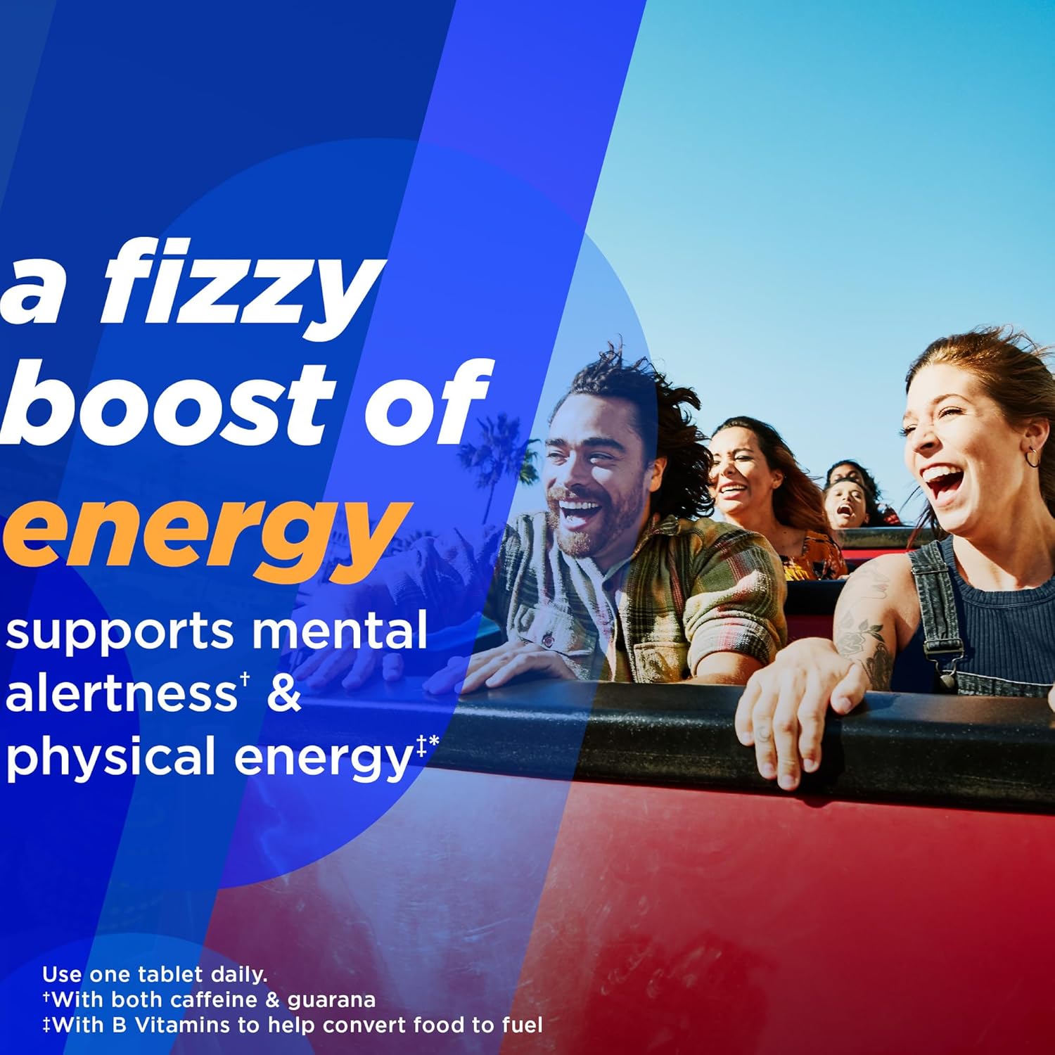 Alka-Seltzer Energy Boost Fizzy Tablets: Caffeine, Guarana, B Vitamins, Sugar-Free, Daily Energy Supplement for Mental Alertness and Physical Energy, Light Tropical Punch Flavor - 10ct