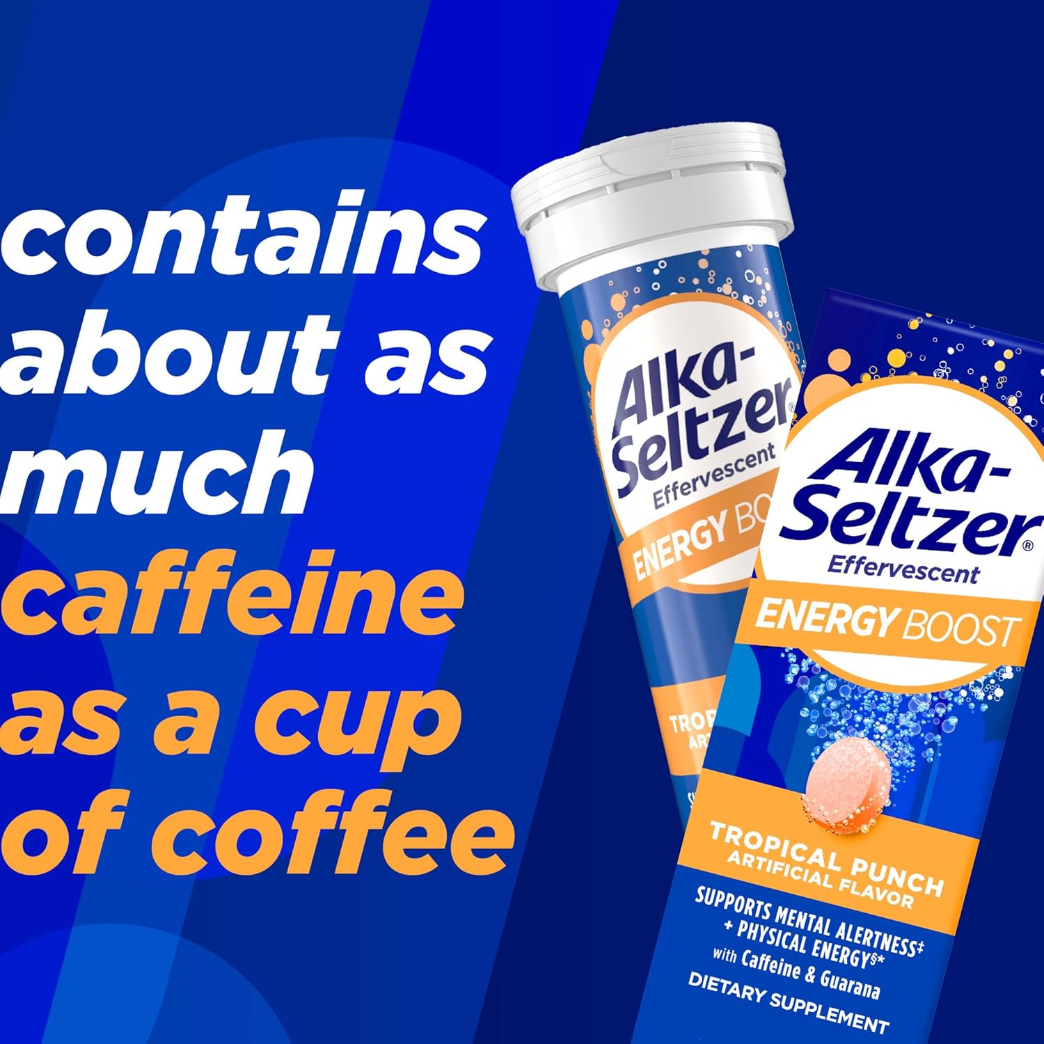 Alka-Seltzer Energy Boost Fizzy Tablets: Caffeine, Guarana, B Vitamins, Sugar-Free, Daily Energy Supplement for Mental Alertness and Physical Energy, Light Tropical Punch Flavor - 10ct