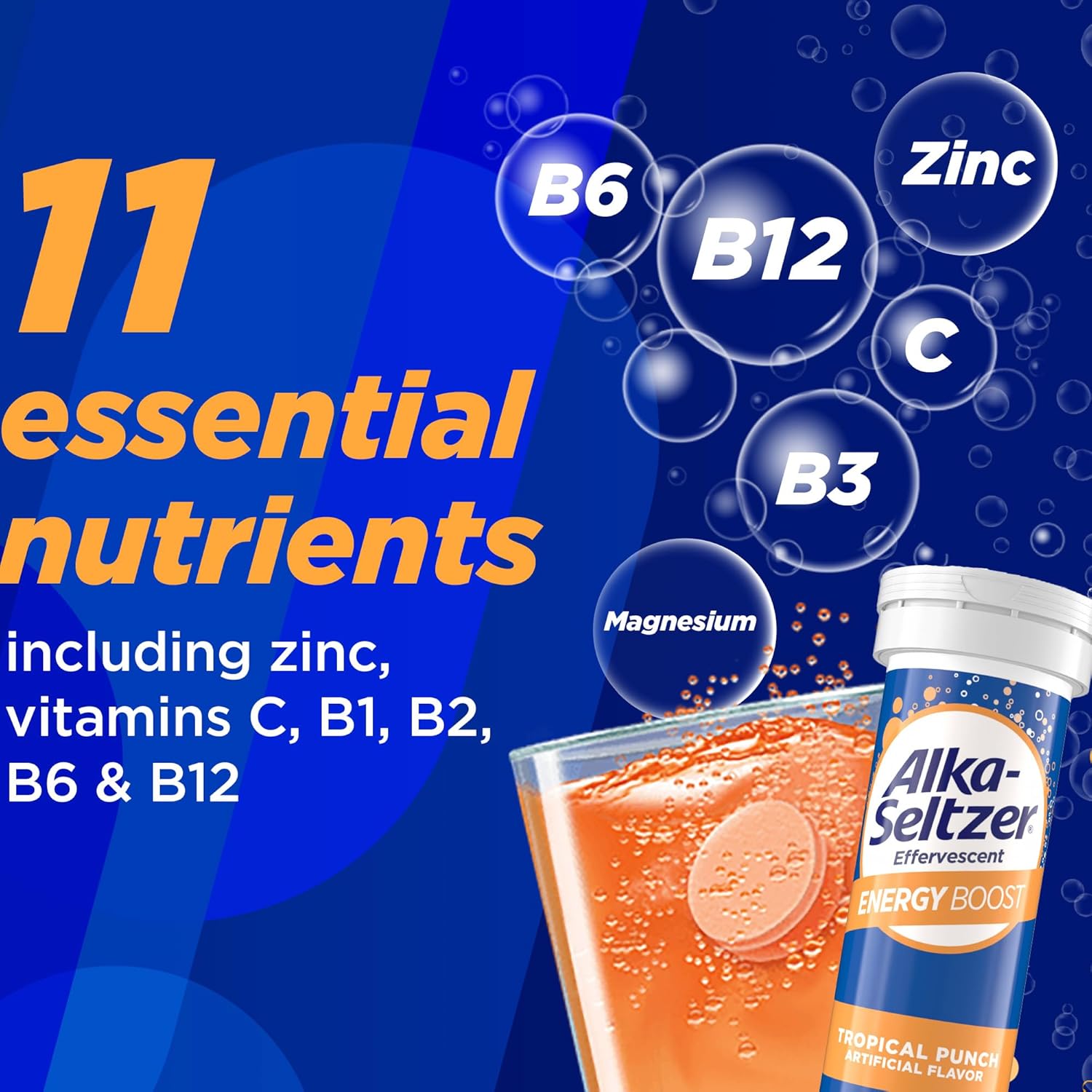 Alka-Seltzer Energy Boost Fizzy Tablets: Caffeine, Guarana, B Vitamins, Sugar-Free, Daily Energy Supplement for Mental Alertness and Physical Energy, Light Tropical Punch Flavor - 10ct