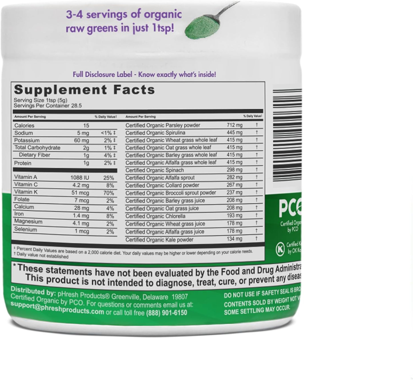 Alkalizing Superfood Greens Powder - 1 Month Supply | Gluten-Free | Natural Enzymes | Raw Nutrients | Ideal for Intermittent Fasting and Keto | 5 Ounces