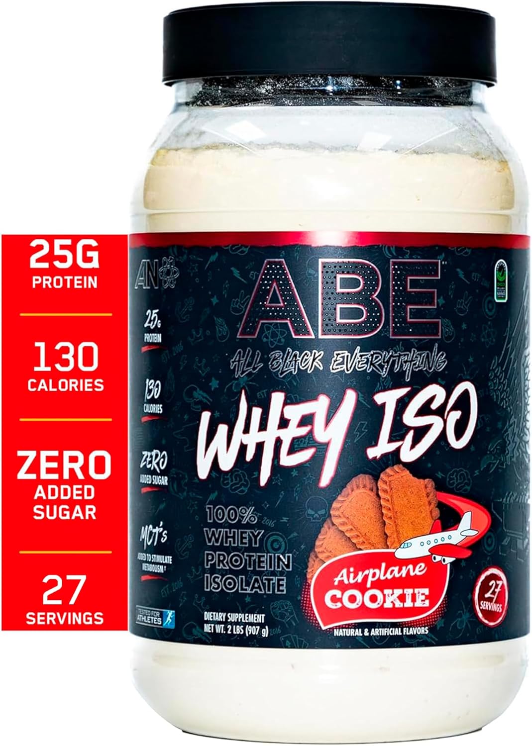 All Black Everything 25g Whey Protein Powder | Airplane Cookie Flavor | 27 Servings | Whey Protein Isolate with MCTs | Low Carb & Sugar