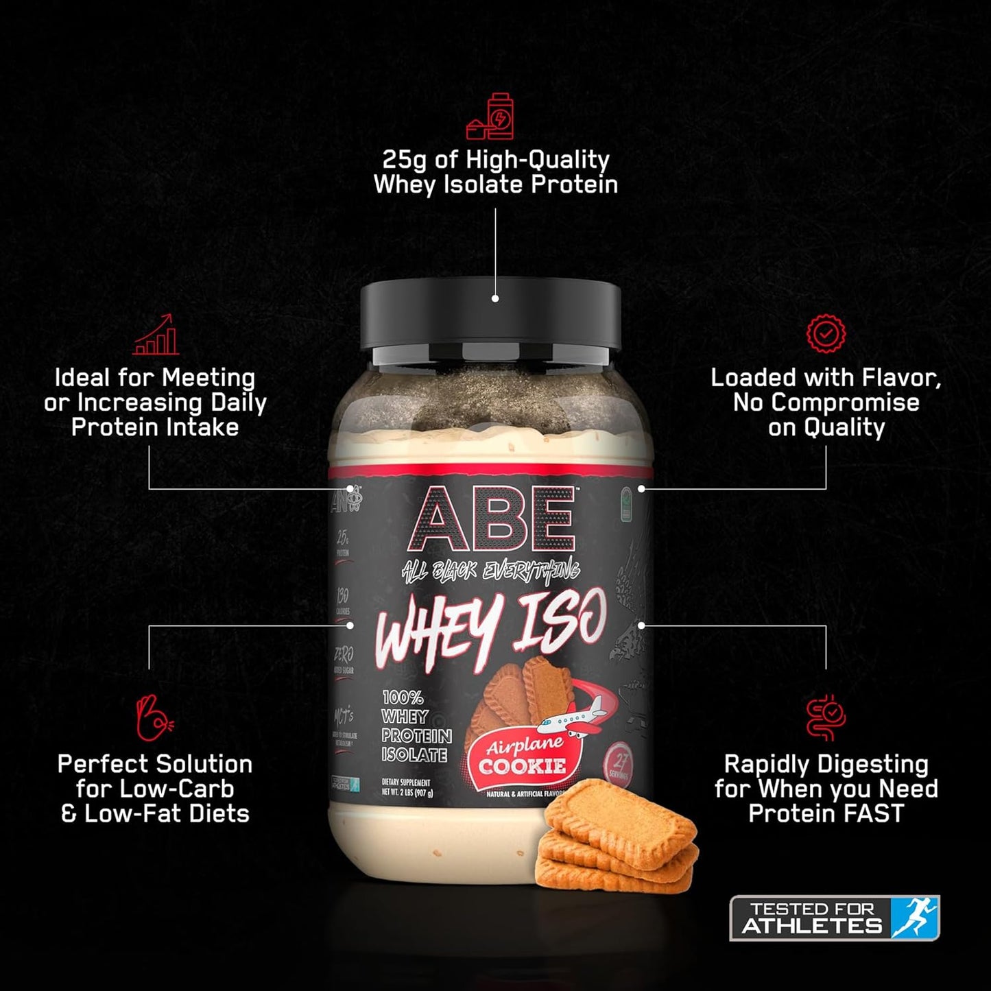 All Black Everything 25g Whey Protein Powder | Airplane Cookie Flavor | 27 Servings | Whey Protein Isolate with MCTs | Low Carb & Sugar