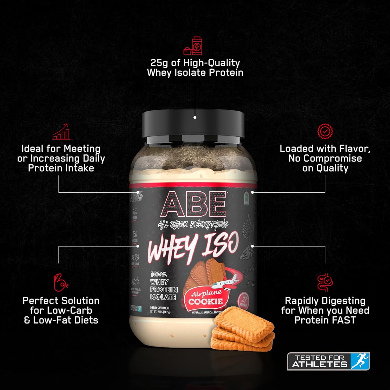 All Black Everything 25g Whey Protein Powder | Airplane Cookie Flavor | 27 Servings | Whey Protein Isolate with MCTs | Low Carb & Sugar