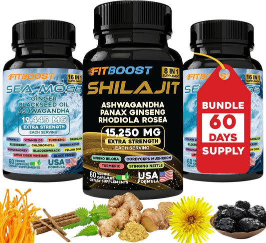 All-in-1 Men's Vitality Bundle: Sea Moss, Shilajit, Black Seed Oil, Ashwagandha, Burdock Root - 60 Day Supply for Strength