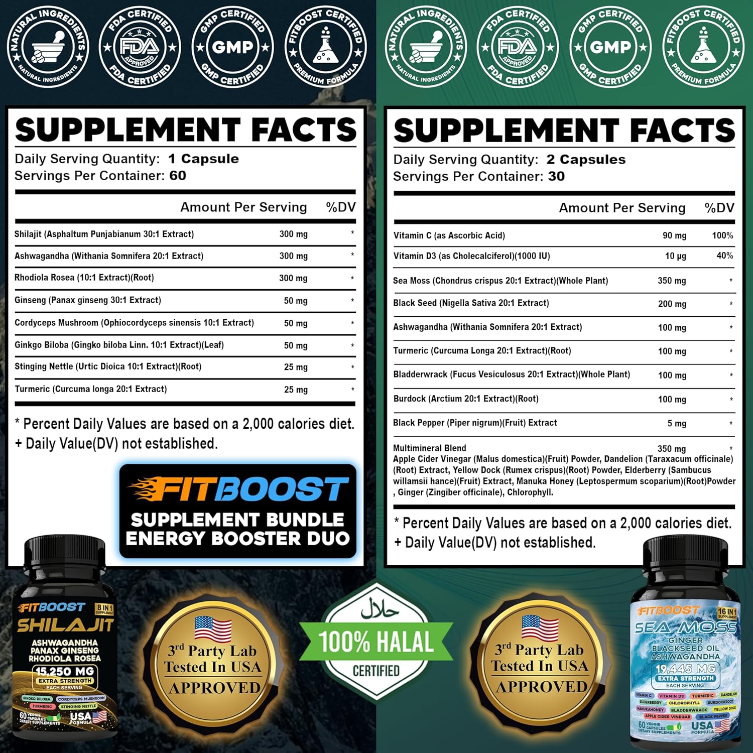All-in-1 Men's Vitality Bundle: Sea Moss, Shilajit, Black Seed Oil, Ashwagandha, Burdock Root - 60 Day Supply for Strength