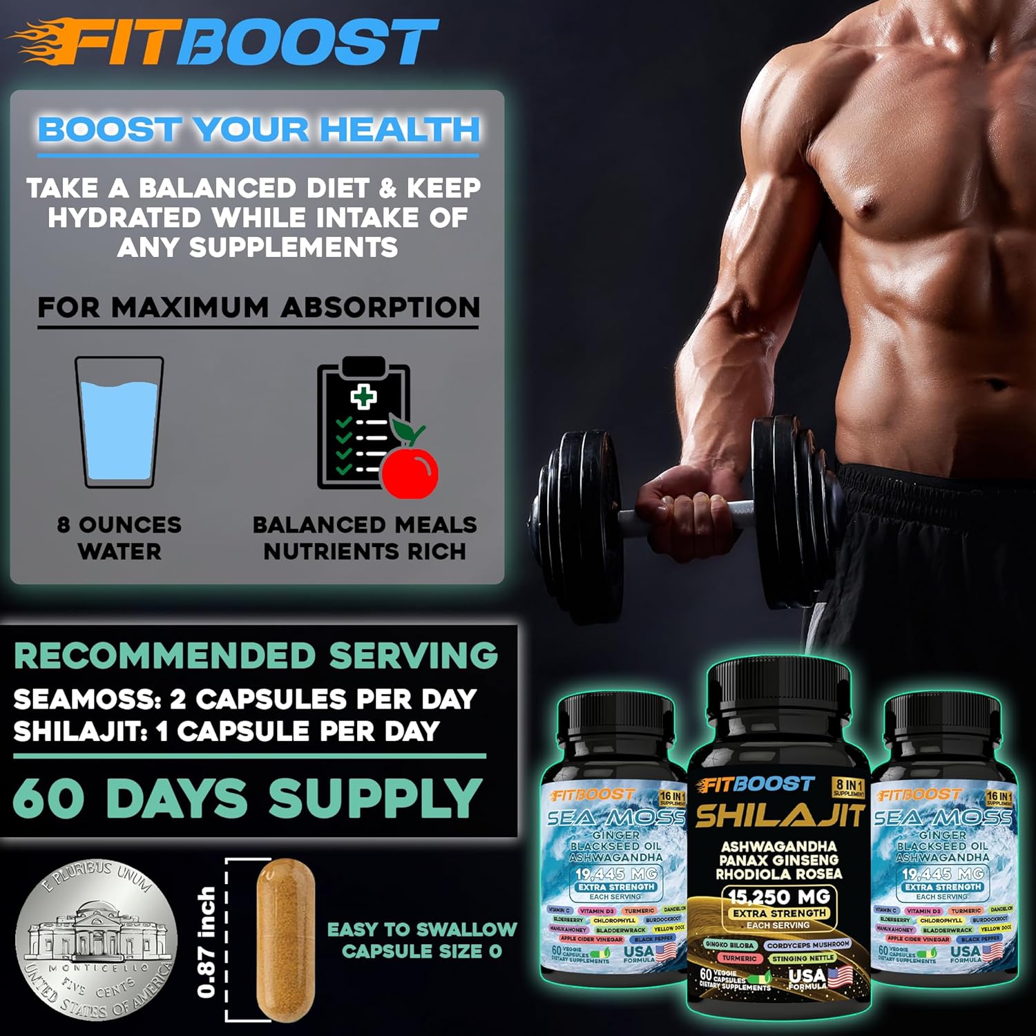 All-in-1 Men's Vitality Bundle: Sea Moss, Shilajit, Black Seed Oil, Ashwagandha, Burdock Root - 60 Day Supply for Strength