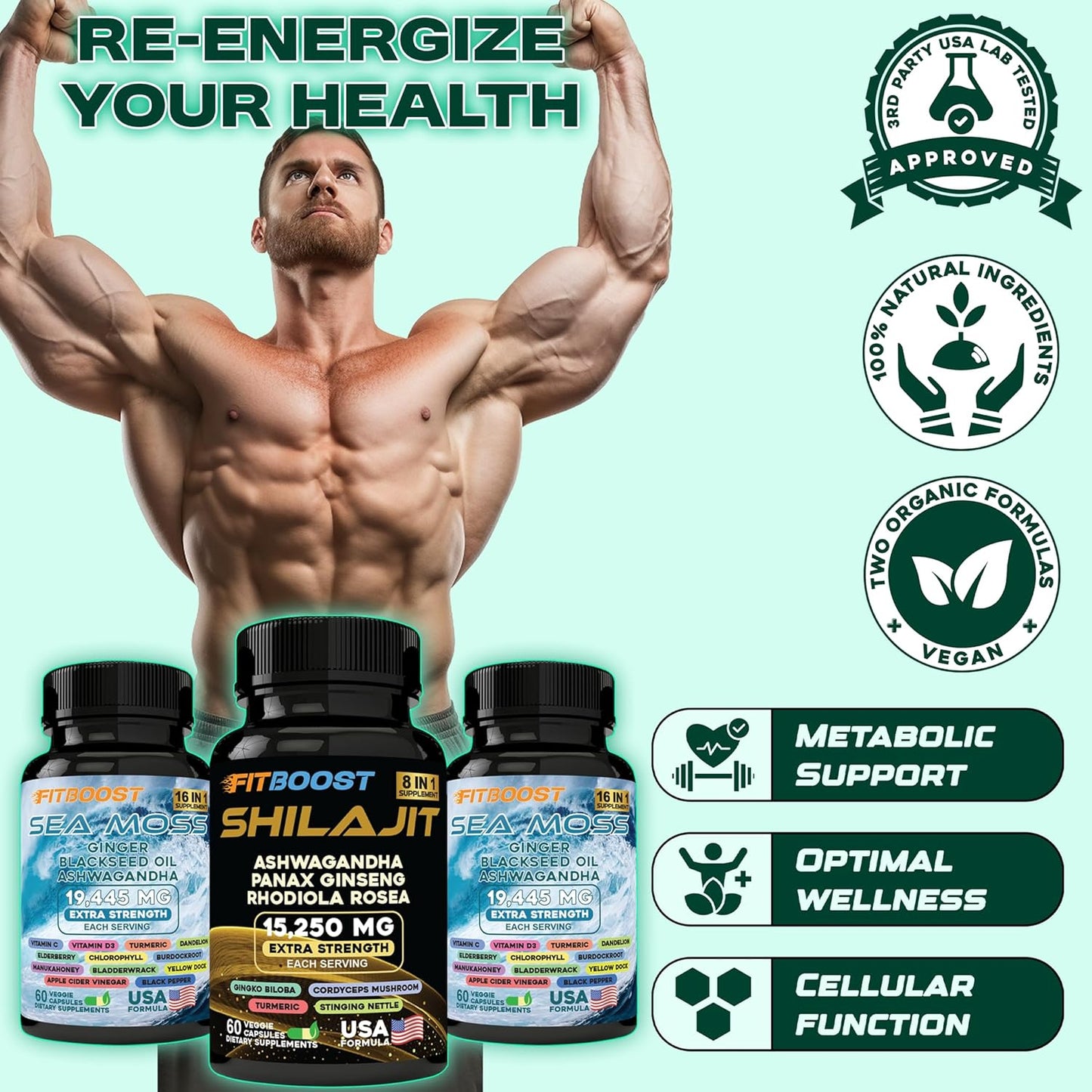 All-in-1 Men's Vitality Bundle: Sea Moss, Shilajit, Black Seed Oil, Ashwagandha, Burdock Root - 60 Day Supply for Strength