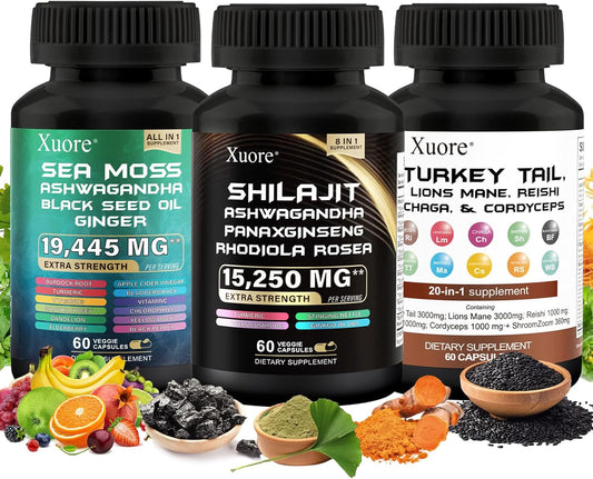 All-in-One Mushroom & Herb Supplement with Shilajit, Sea Moss, Black Seed Oil, Lions Mane, Turkey Tail, Reishi, Cordyceps, Chaga, Ashwagandha, Ginger, Rhodiola Rosea & Panax Ginseng
