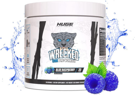 All-in-One Pre-Workout Supplement for Energy, Focus & Pumps - 30 Servings Blue Raspberry Flavor, L-Citrulline, Beta-Alanine, L-Tyrosine & More - Men & Women's Wrecked Core Formula