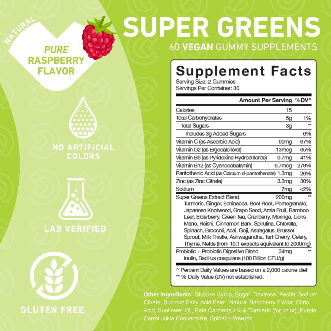 All-in-One Veggie Supplement Gummies with Spirulina, Spinach, Broccoli, Beet Root, Acai - Non-GMO, Gluten Free, Vegan - 60 Count