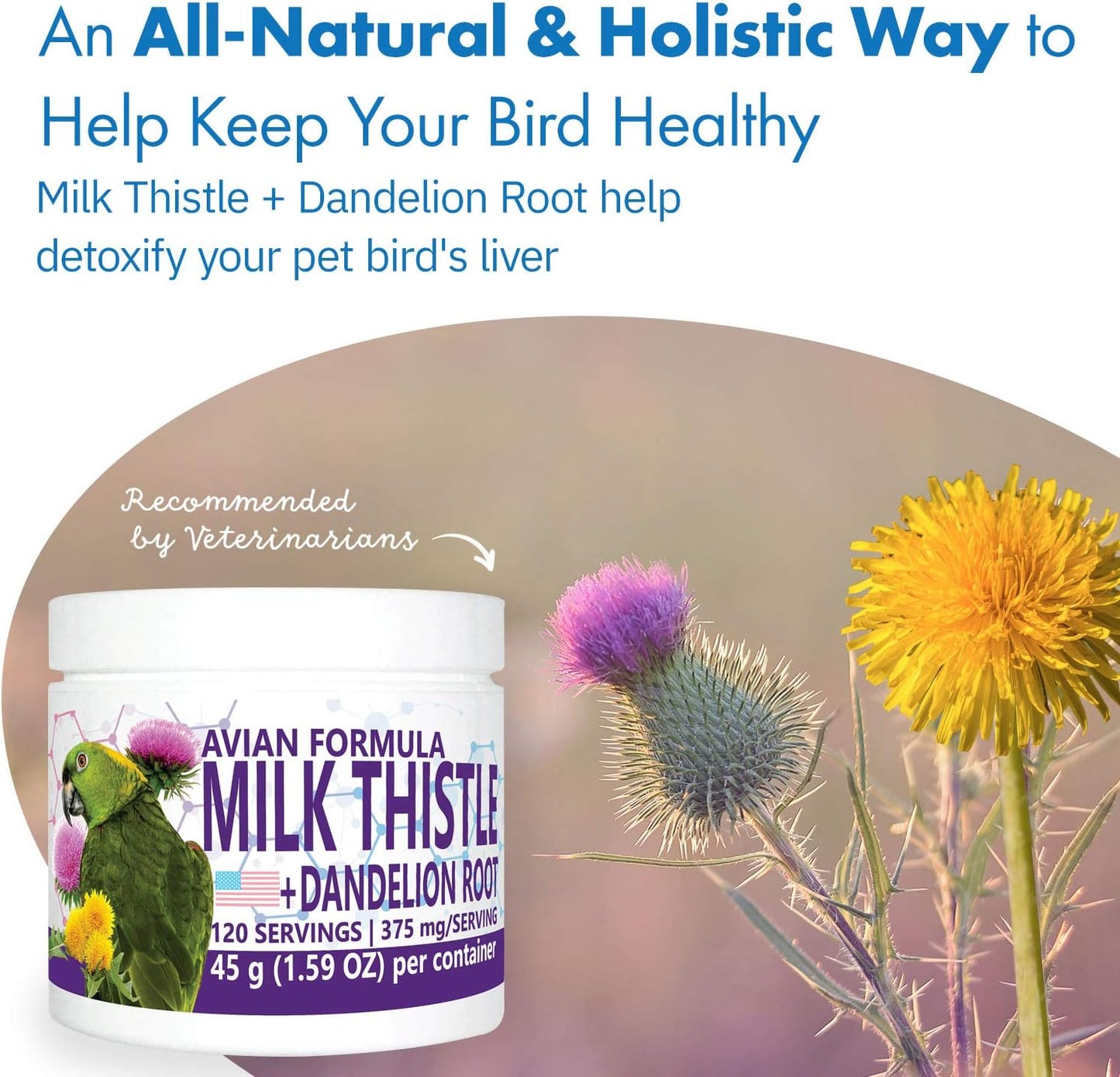 All-Natural Avian Liver Support Supplement for Parrots - Milk Thistle & Dandelion Root Formula (120 Servings)