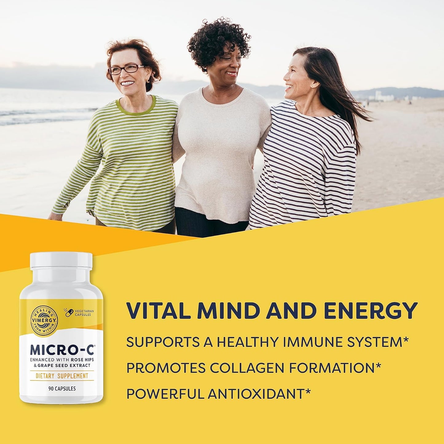 All-Natural Buffered Vitamin C Capsules with Rose HIPS, Rutin, Grape Seed & Acerola Fruit Extract - 90 Servings, 500mg - Supports Immune System & Skin Health