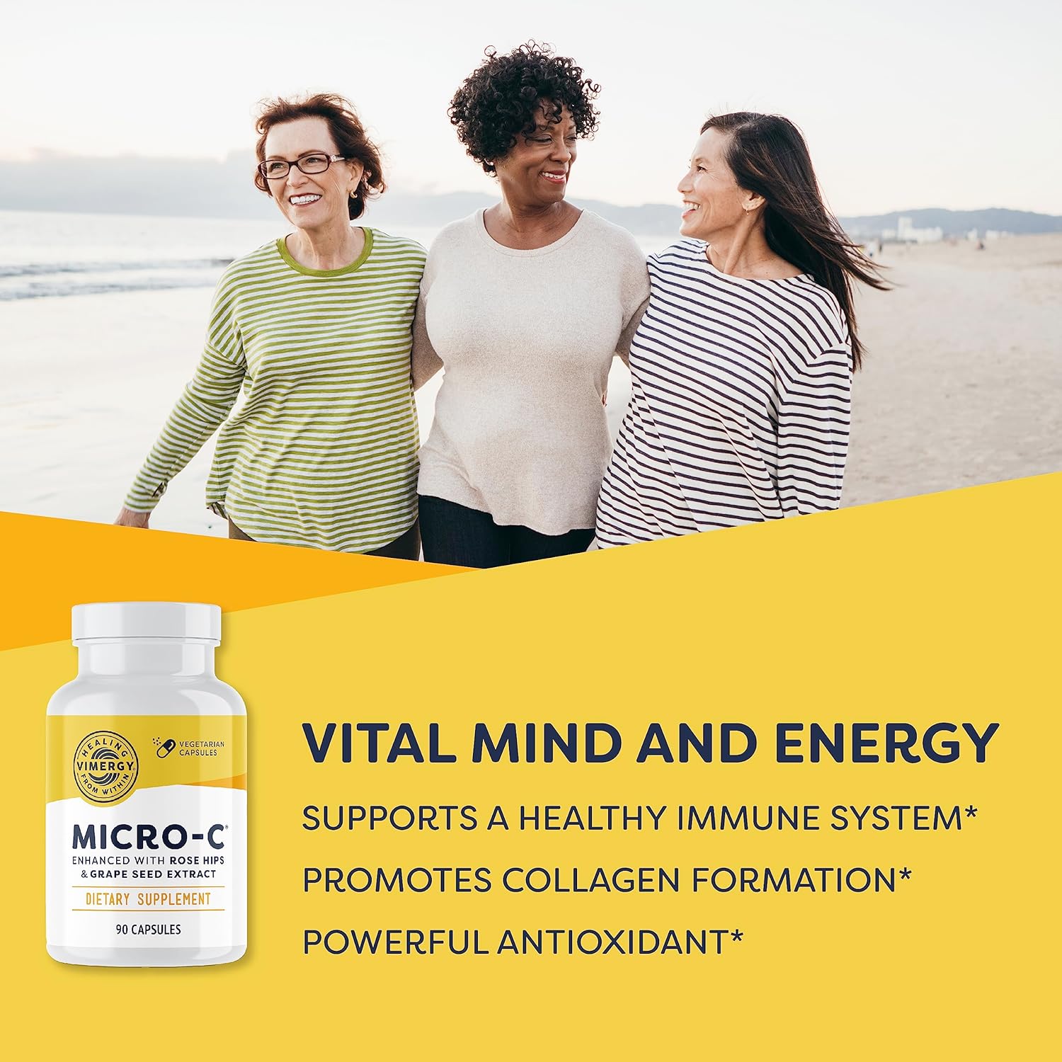 All-Natural Buffered Vitamin C Capsules with Rose HIPS, Rutin, Grape Seed & Acerola Fruit Extract - 90 Servings, 500mg - Supports Immune System & Skin Health