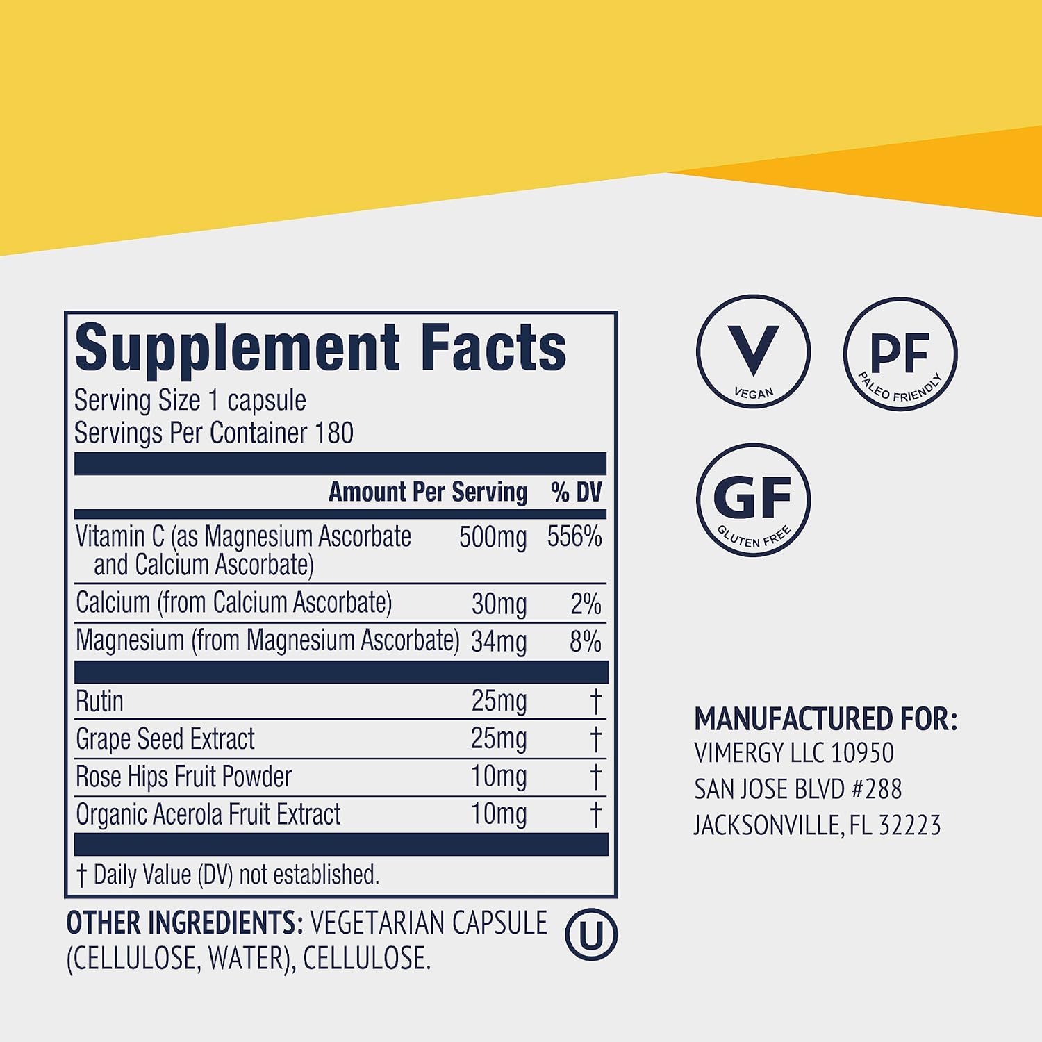 All-Natural Buffered Vitamin C Capsules with Rose HIPS, Rutin, Grape Seed & Acerola Fruit Extract - 90 Servings, 500mg - Supports Immune System & Skin Health