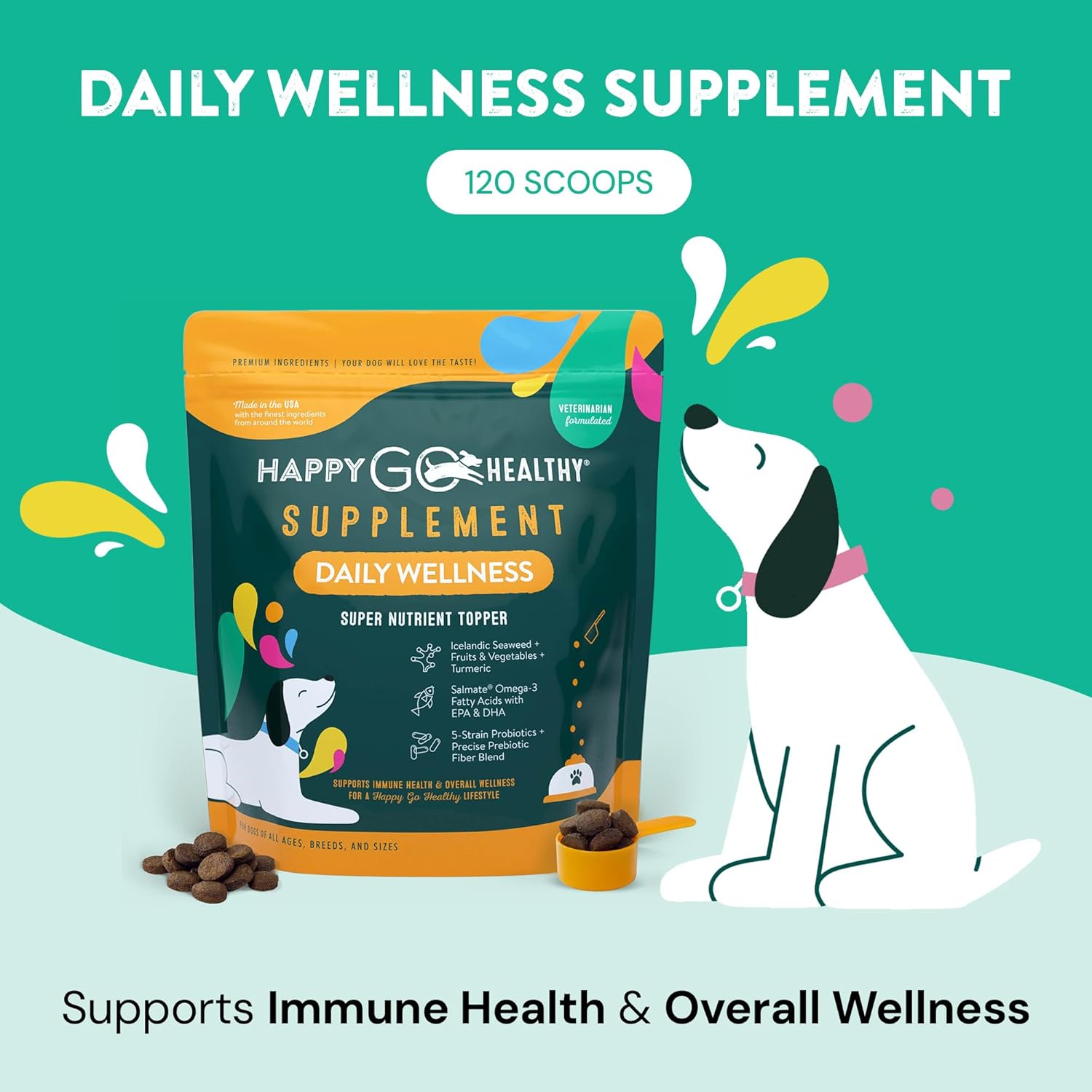 All-Natural Dog Daily Wellness Supplements | Probiotic & Prebiotic Blend with Fish Oil & Seaweed | Promotes Health & Happiness | 120 Count
