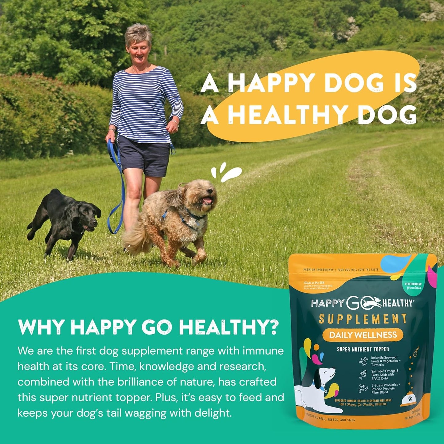 All-Natural Dog Daily Wellness Supplements | Probiotic & Prebiotic Blend with Fish Oil & Seaweed | Promotes Health & Happiness | 120 Count
