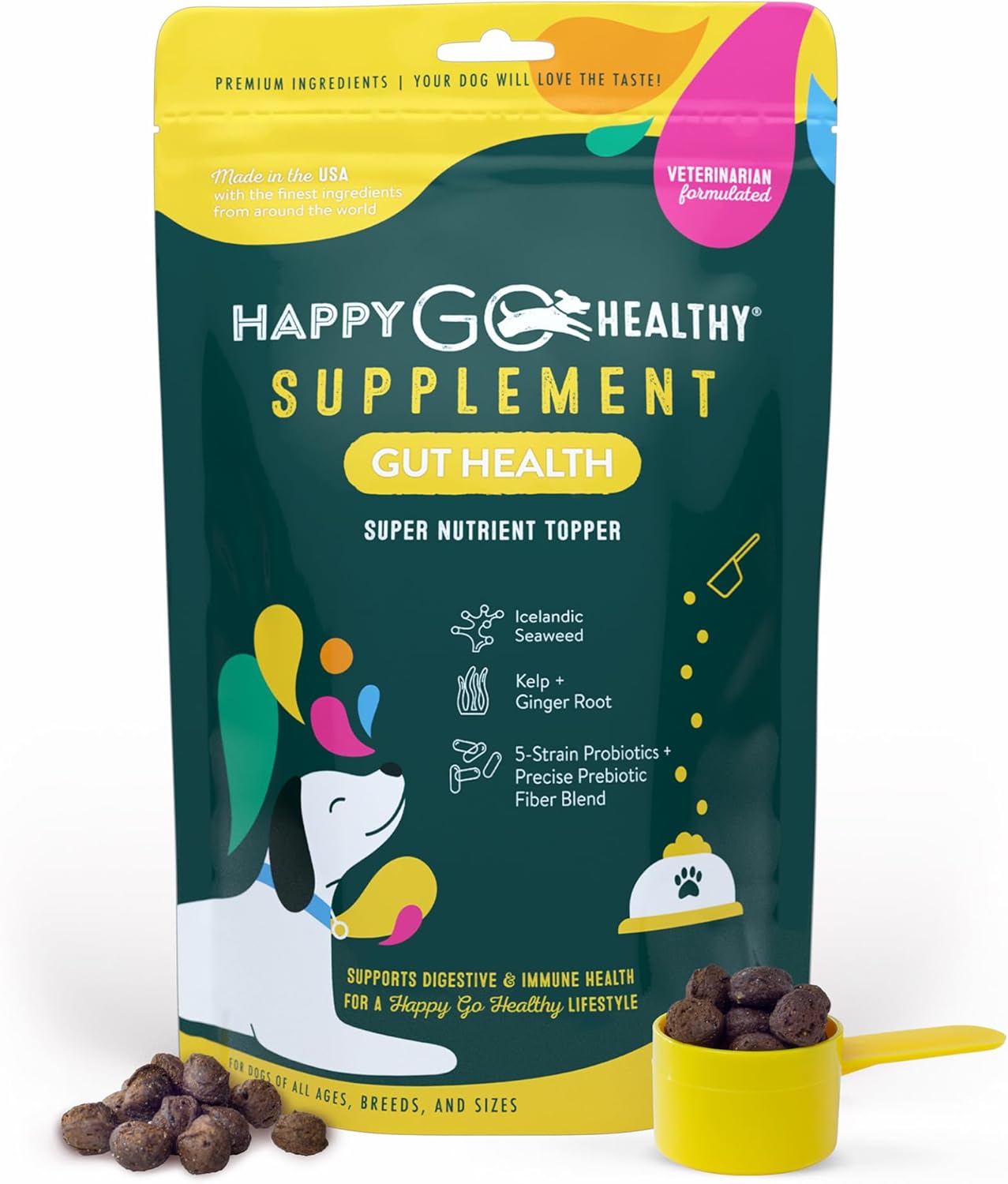 All Natural Dog Gut Health Probiotics Supplement | Enhances Digestive Health & Immune Support | Tasty Kibble Topper | 60 Count Pack