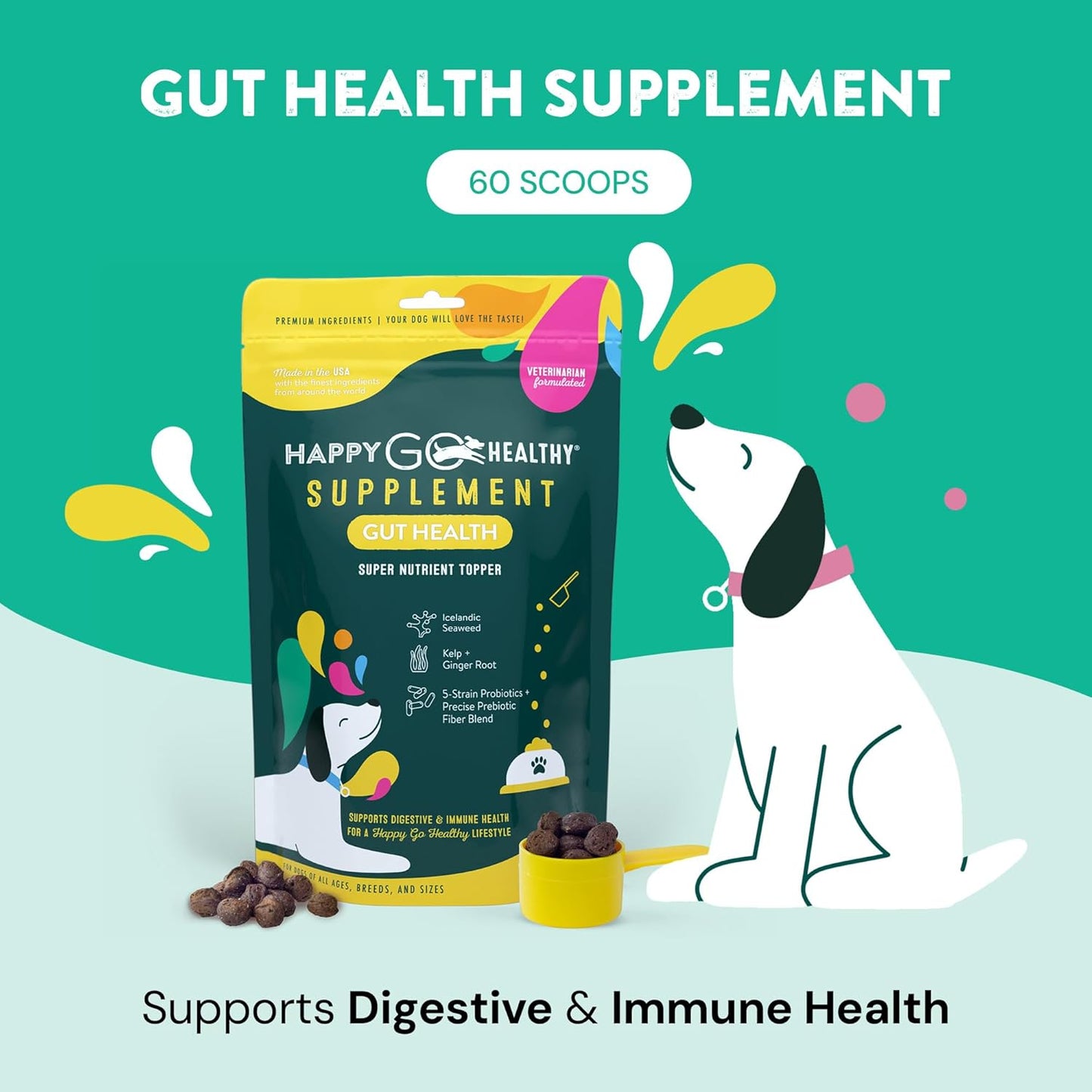 All Natural Dog Gut Health Probiotics Supplement | Enhances Digestive Health & Immune Support | Tasty Kibble Topper | 60 Count Pack