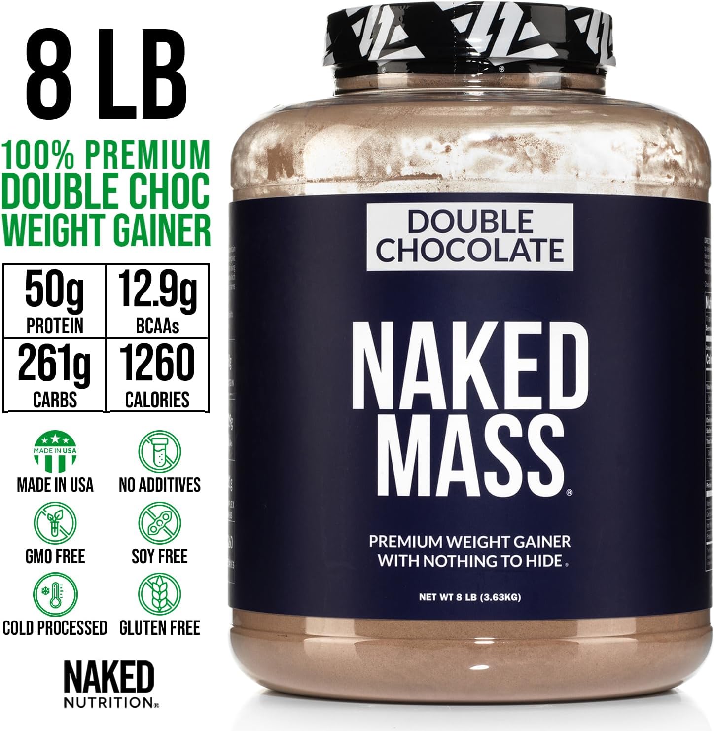 All Natural Double Chocolate Weight Gainer Protein Powder - 8lb Bulk, 1,260 Calories, 50g Protein, Non-GMO & Gluten Free