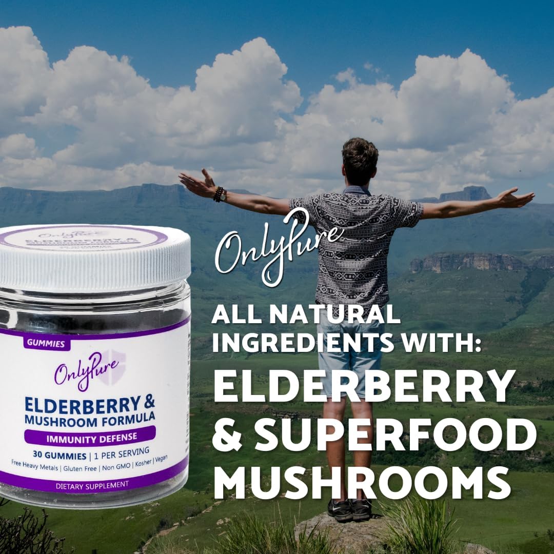 All Natural Elderberry & Mushroom Immunity Gummies with Lion's Mane, Cordyceps, Turkey Tail & Reishi - Vegan & Non-GMO - Made in USA - 30 Count