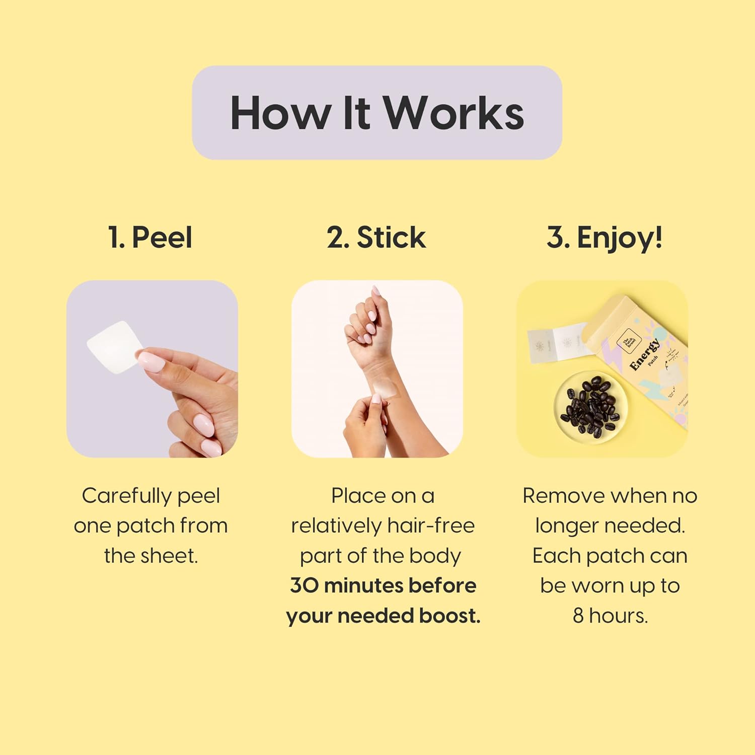 All Natural Energy Patches with Caffeine, B5, and B3 | Plant Based, Cruelty Free, Water Resistant | Long Lasting Energy Support