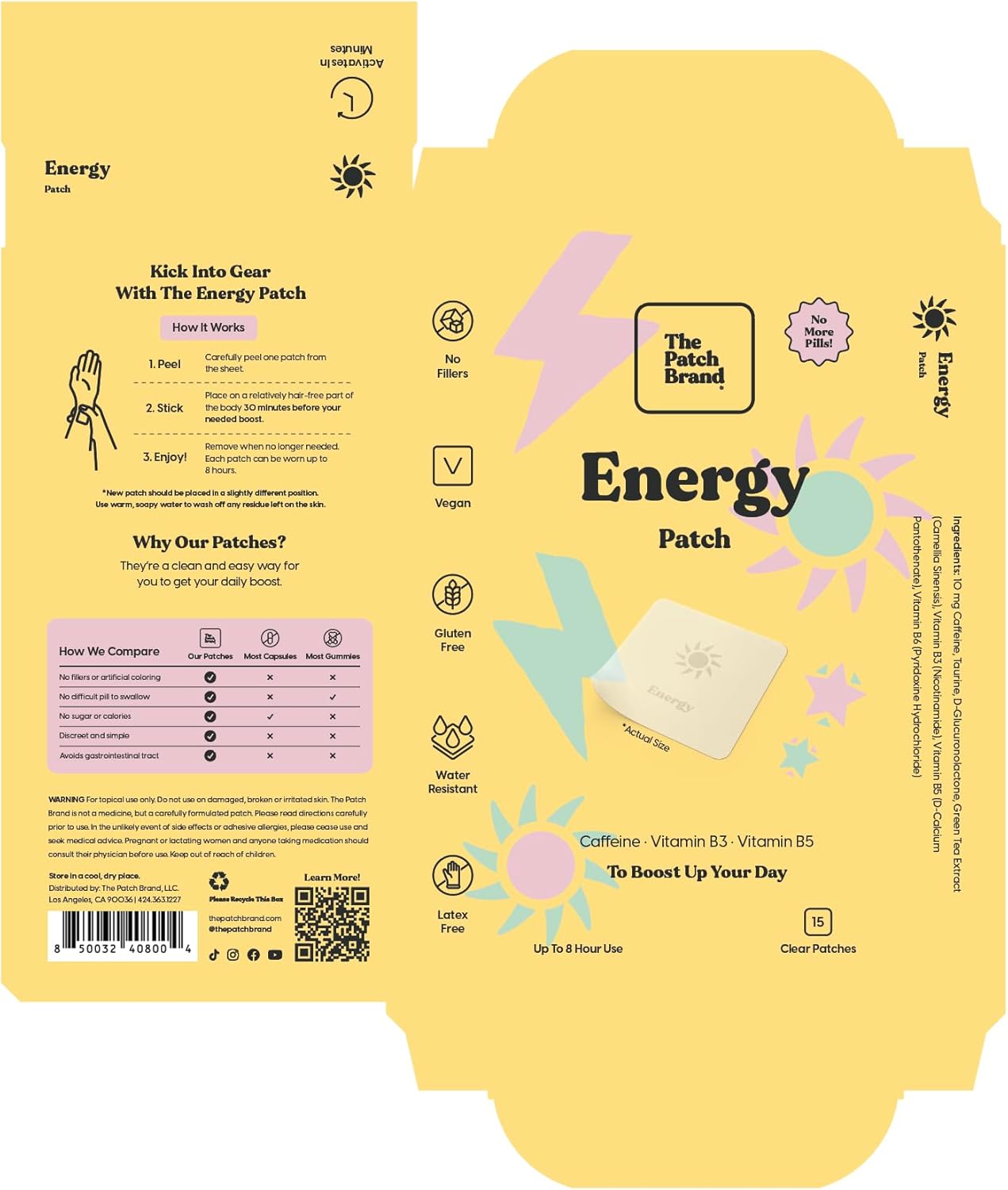 All Natural Energy Patches with Caffeine, B5, and B3 | Plant Based, Cruelty Free, Water Resistant | Long Lasting Energy Support