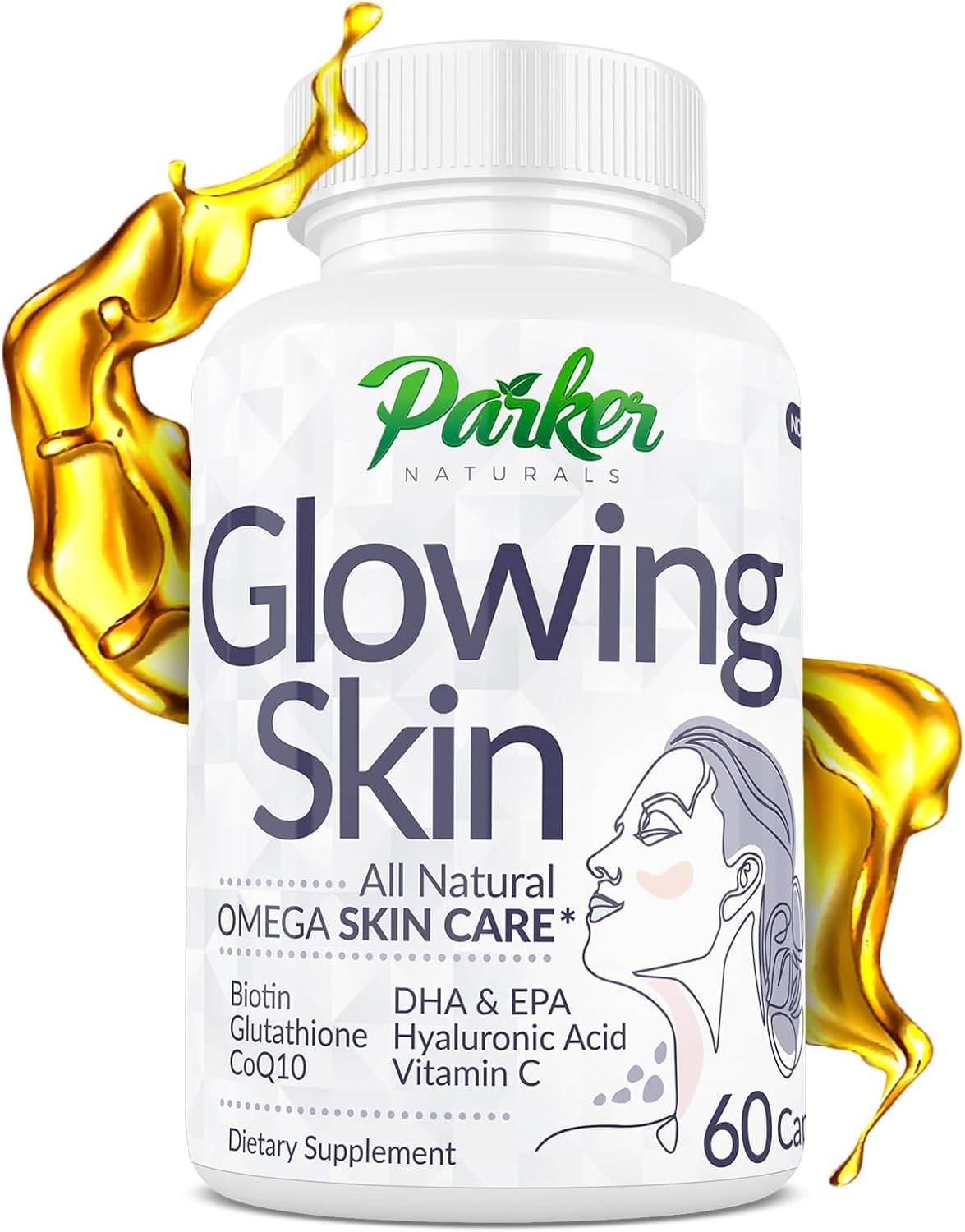 All Natural Glowing Skin Supplement with Biotin, Glutathione, Hyaluronic Acid, Omega 3 Fish Oil, CoQ10, Vitamin C - 60 Capsules by Parker Naturals