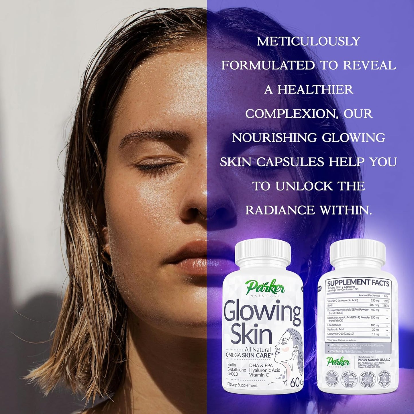 All Natural Glowing Skin Supplement with Biotin, Glutathione, Hyaluronic Acid, Omega 3 Fish Oil, CoQ10, Vitamin C - 60 Capsules by Parker Naturals