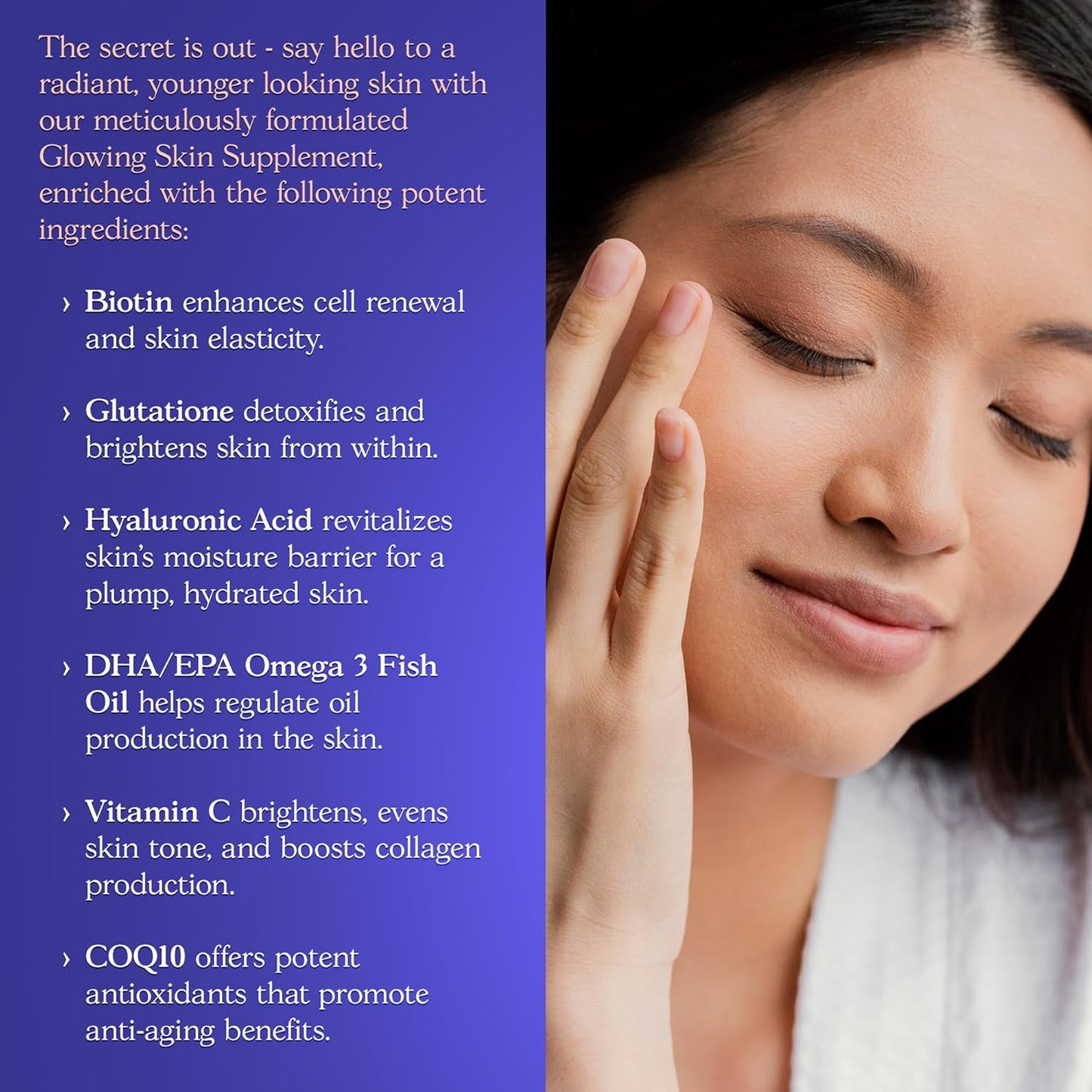 All Natural Glowing Skin Supplement with Biotin, Glutathione, Hyaluronic Acid, Omega 3 Fish Oil, CoQ10, Vitamin C - 60 Capsules by Parker Naturals