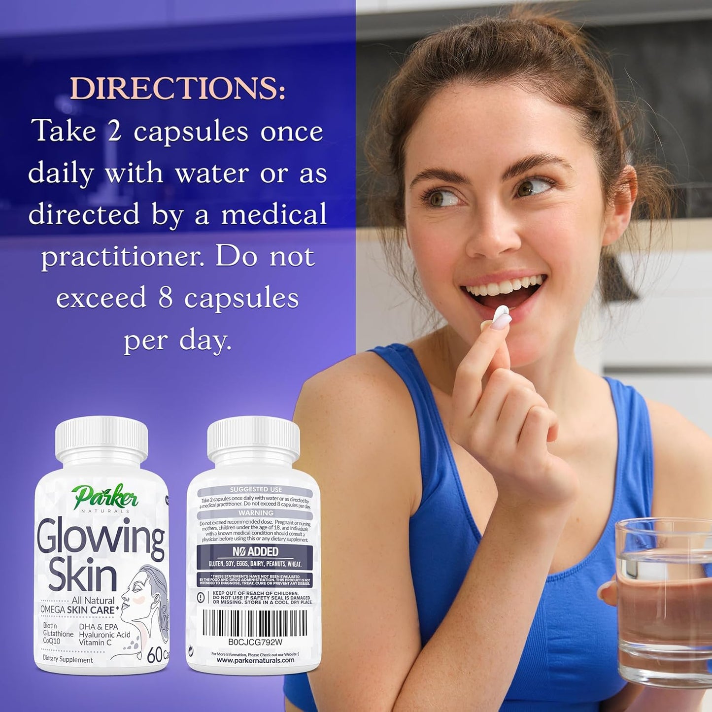 All Natural Glowing Skin Supplement with Biotin, Glutathione, Hyaluronic Acid, Omega 3 Fish Oil, CoQ10, Vitamin C - 60 Capsules by Parker Naturals