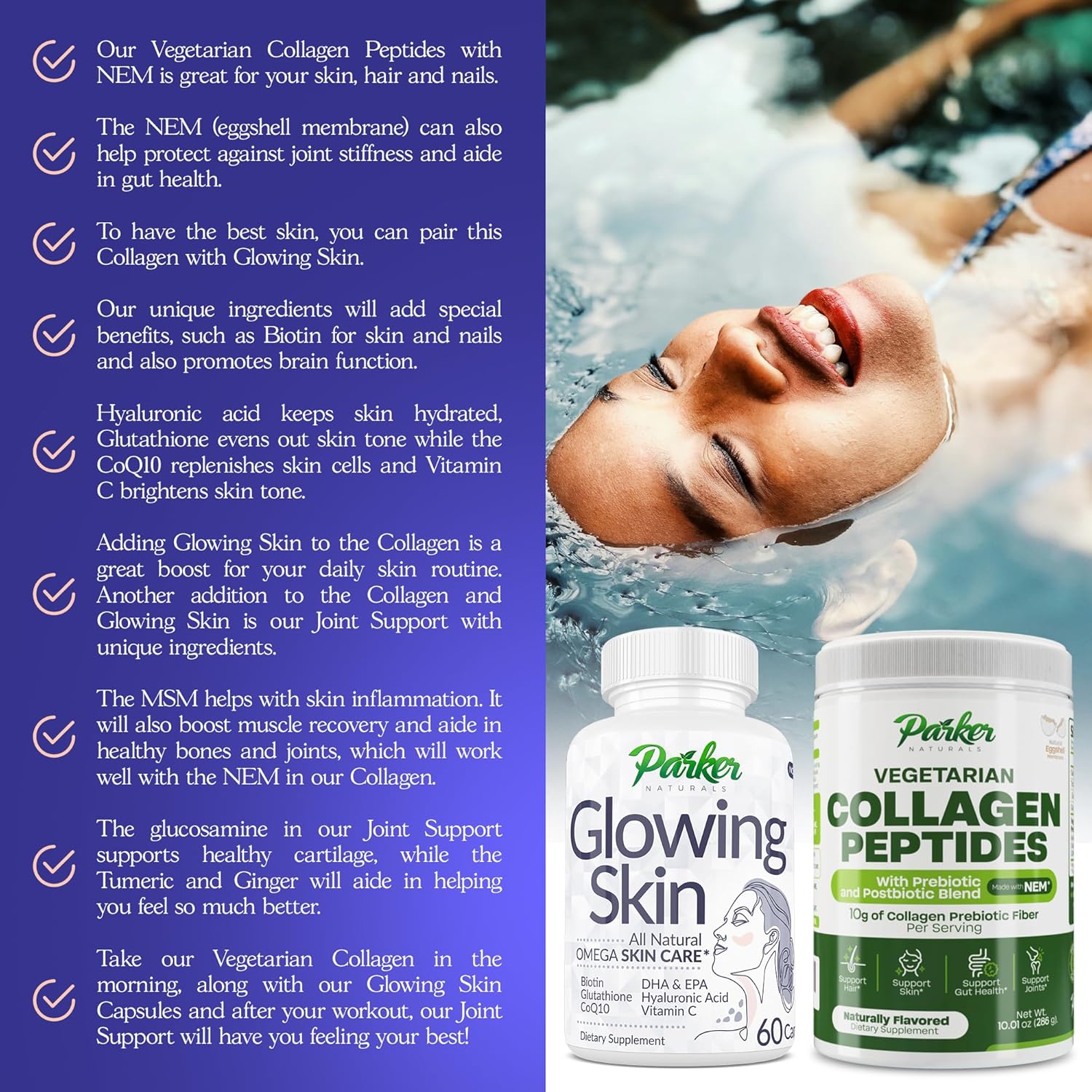 All Natural Glowing Skin Supplement with Biotin, Glutathione, Hyaluronic Acid, Omega 3 Fish Oil, CoQ10, Vitamin C - 60 Capsules by Parker Naturals