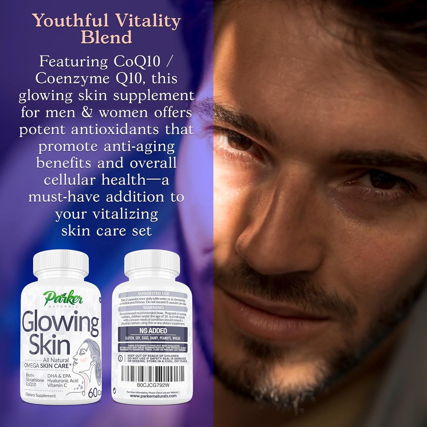 All Natural Glowing Skin Supplement with Biotin, Glutathione, Hyaluronic Acid, Omega 3 Fish Oil, CoQ10, Vitamin C - 60 Capsules by Parker Naturals