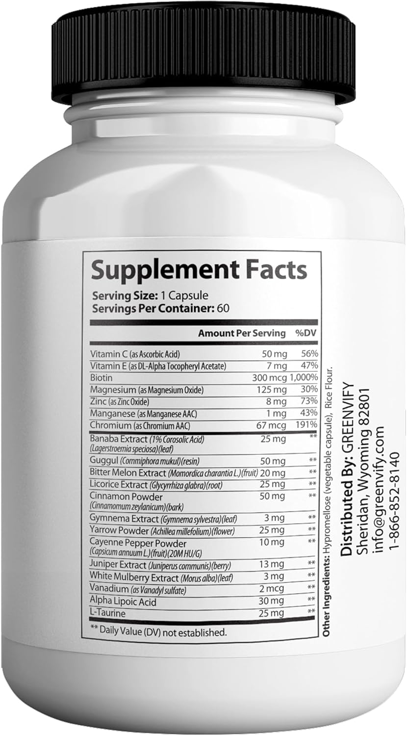 All Natural Greenvify Gluco Blood Sugar Support Supplement - 60 Capsules, Maintain Healthy Levels, Maximum Strength Formula