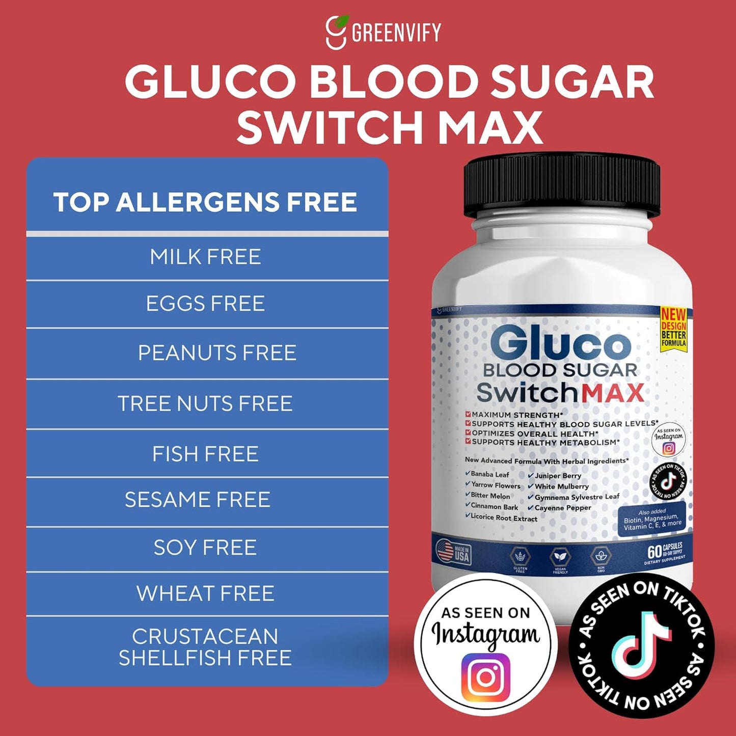 All Natural Greenvify Gluco Blood Sugar Support Supplement - 60 Capsules, Maintain Healthy Levels, Maximum Strength Formula