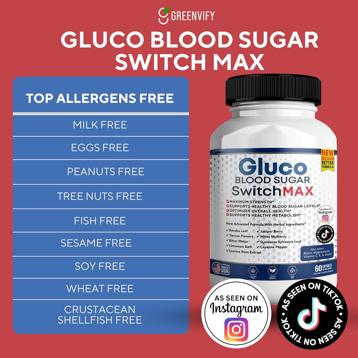 All Natural Greenvify Gluco Blood Sugar Support Supplement - 60 Capsules, Maintain Healthy Levels, Maximum Strength Formula