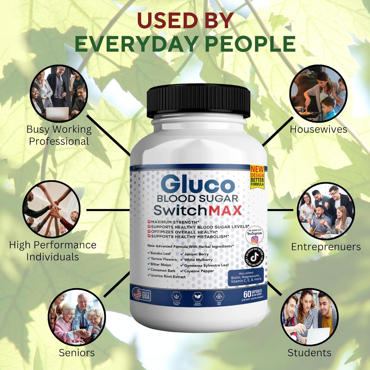All Natural Greenvify Gluco Blood Sugar Support Supplement - 60 Capsules, Maintain Healthy Levels, Maximum Strength Formula